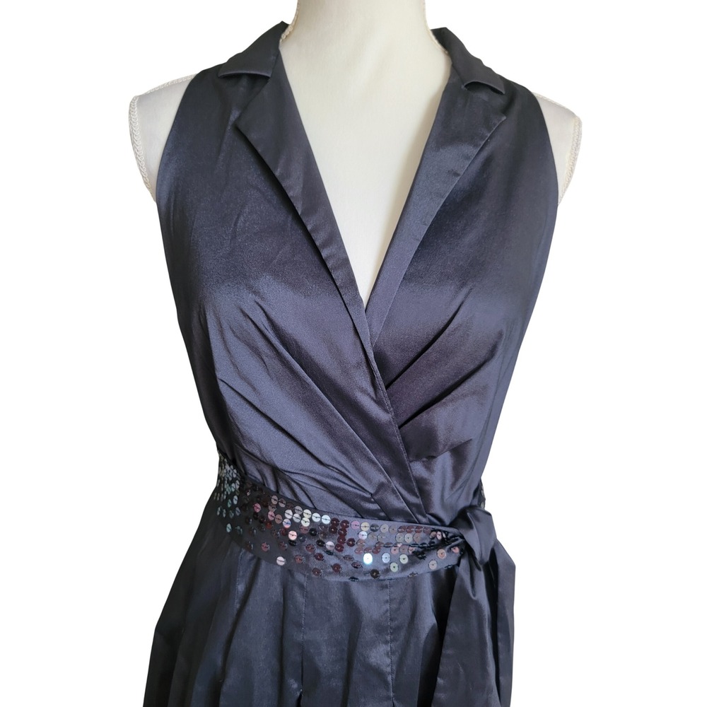 Anne Klein Black Belted Beaded Sleeveless Pleated V-Neck A-Line Midi Dress Sze 8 - Picture 7 of 10